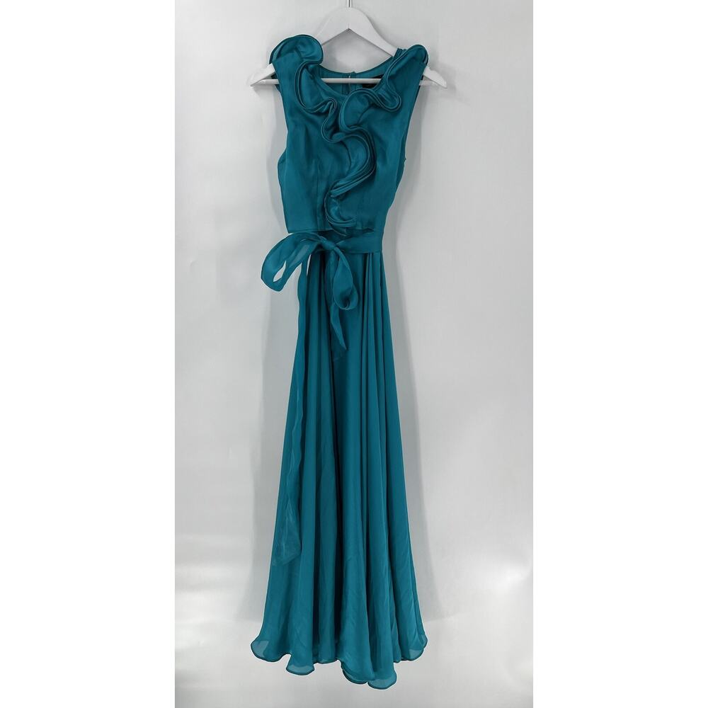 Carolina Herrera Womens Dress 4 Small Blue Maxi Cocktail Ruffle Belted Silk Gown